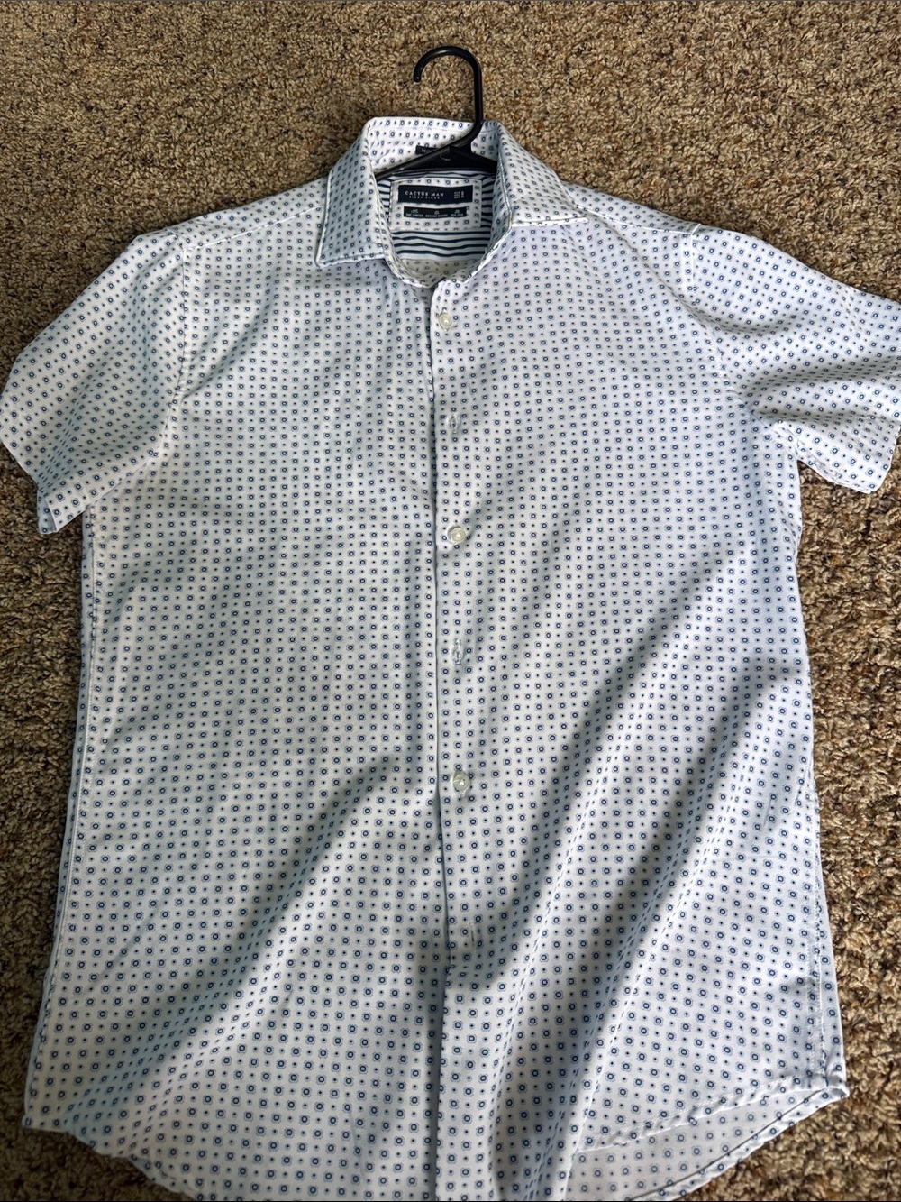 White Short-Sleeve Button-Up Shirt with Blue Micro Print